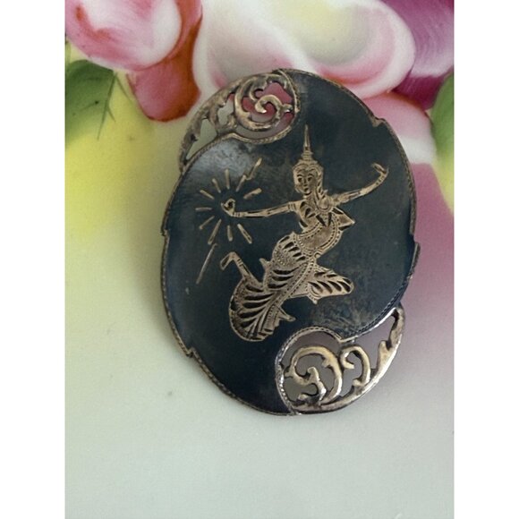 Vintage 40's Siam Sterling Silver Brooch Nielloware Goddess Dancer - Picture 2 of 8